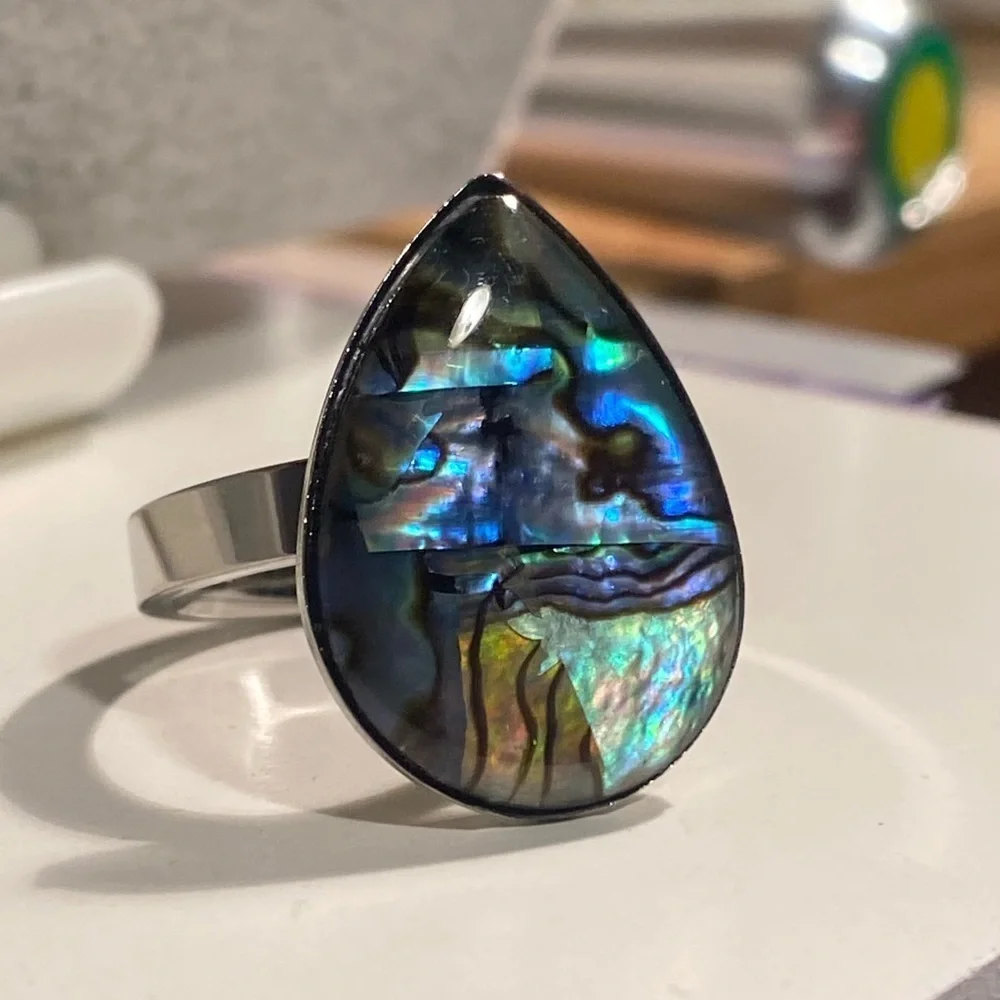 NEW Oversized Abalone Statement Ring Silver Boho Iridescent Beach Jewelry waterp
